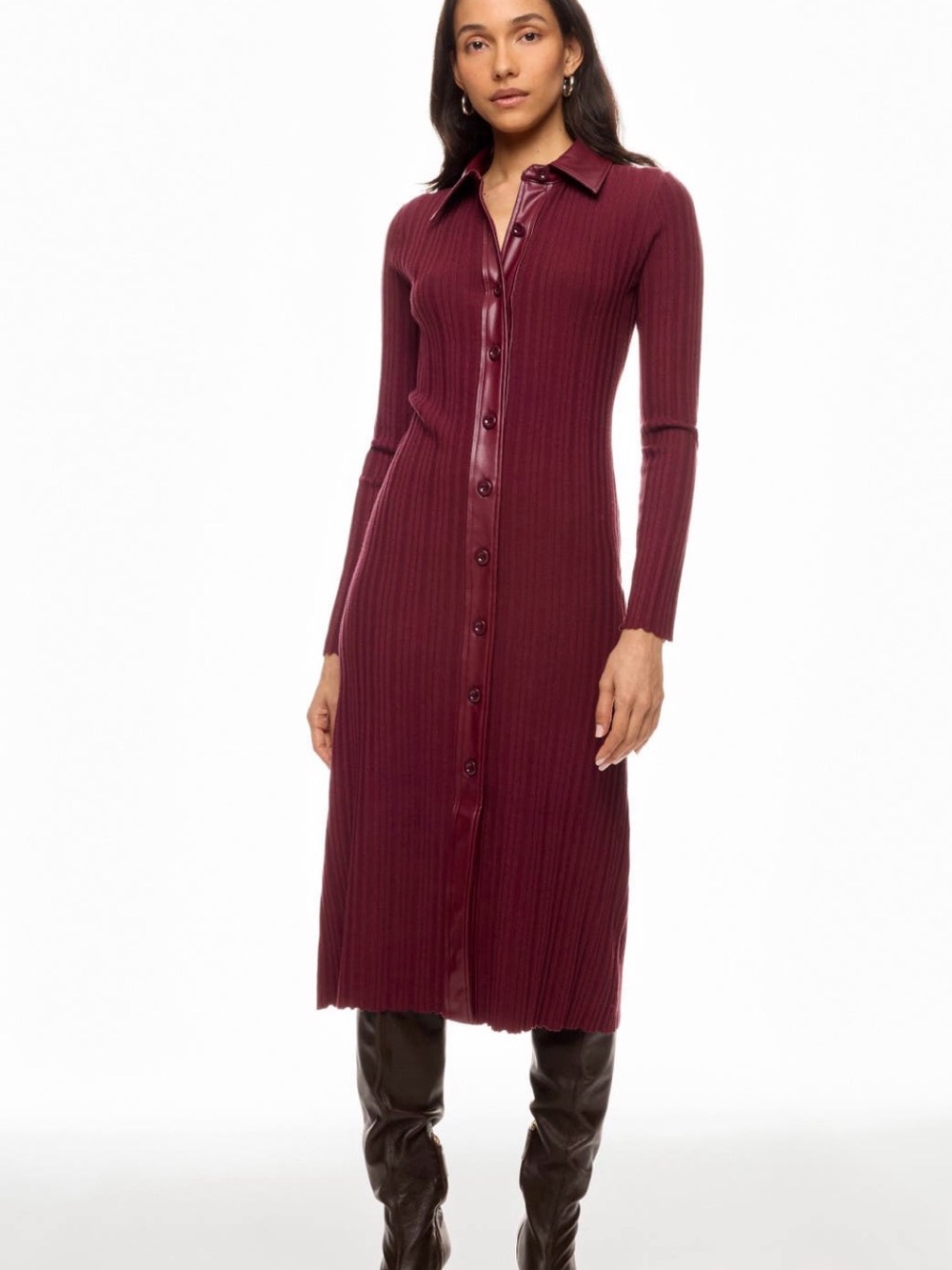 Long-Sleeve Ribbed Button-Front Dress in Deep Wine